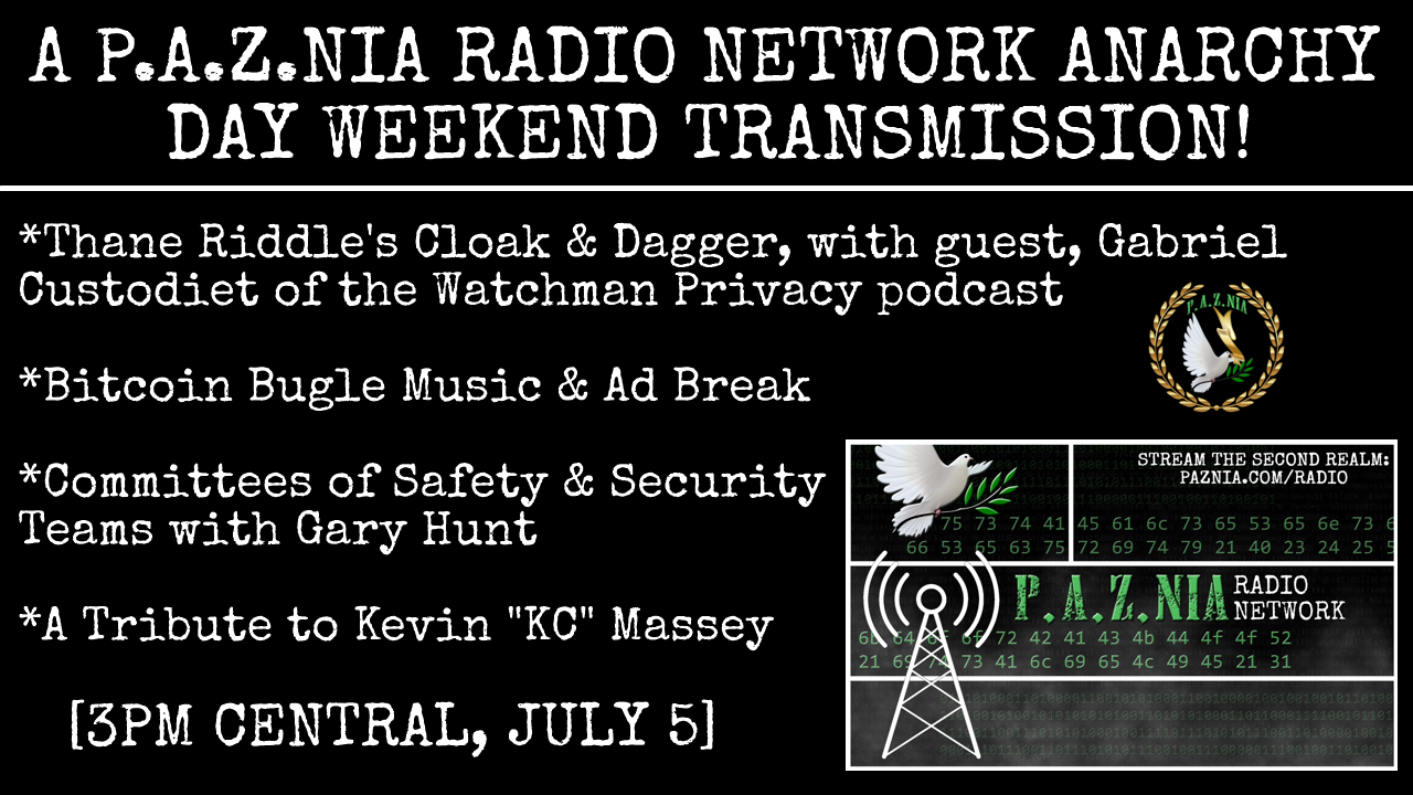 P.A.Z.NIA Radio Network, Anarchy Day Weekend Transmission: Cloak & Dagger w/ Guest Gabriel Custodiet, Committees of Safety & Security Teams, & More!